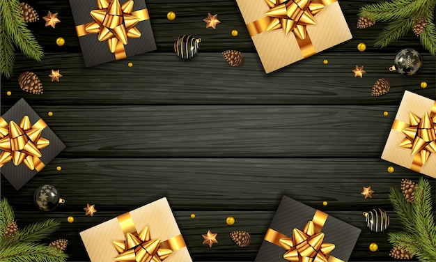 Fondo de madera negra con ramas de árboles de navidad, piñas, bolas, regalos navideños con lazo dorado, estrellas brillantes. la ilustración se puede utilizar para diseños navideños, carteles, tarjetas, sitios web y encabezados.