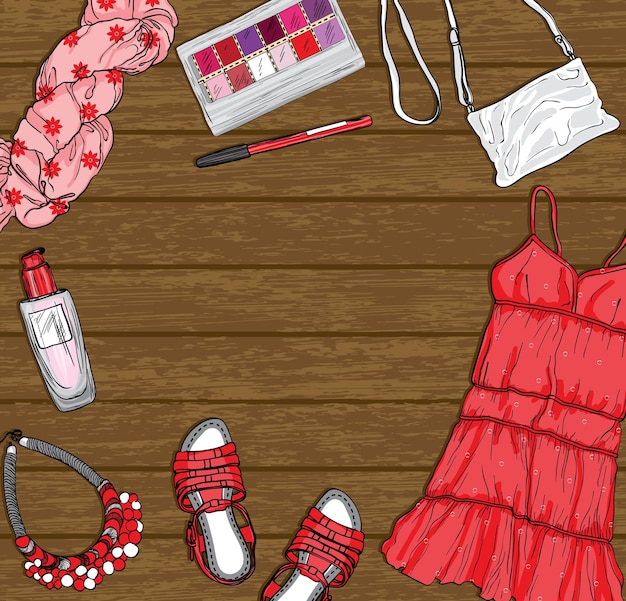 Vector fondo de madera con ropa y accesorios de moda femenina.