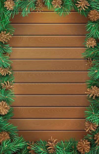 Fondo de madera vertical de Navidad con ramas de pino y conos