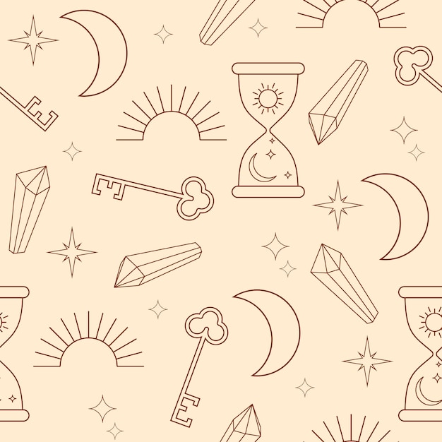 fondo mágico con cristales de relojes de arena y símbolos