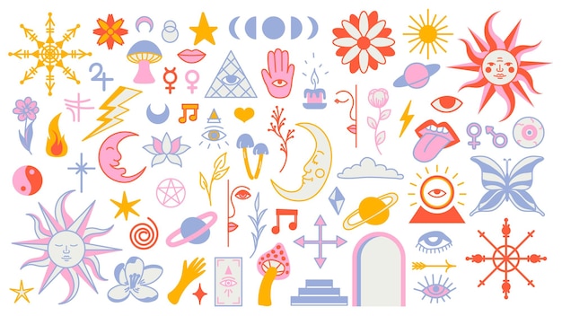 Fondo mágico groovy en estilo de tendencia retro con elementos de clipart vector místico patrón aislado pegatinas de clipart de trazo editable elemento esotérico brujería Colección de símbolos ocultos y2k