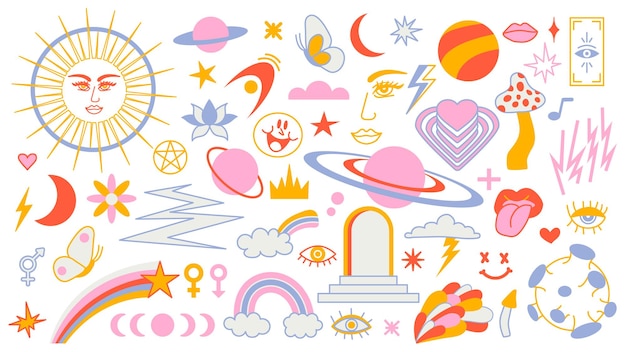 Fondo mágico maravilloso en estilo de tendencia retro con elementos de imágenes prediseñadas vector místico patrón aislado trazo editable pegatinas de imágenes prediseñadas Elemento esotérico brujería Colección de símbolos ocultos y2k