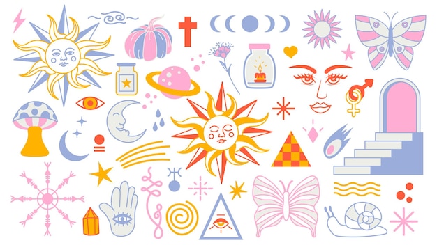 Fondo mágico maravilloso en estilo de tendencia retro con elementos de imágenes prediseñadas vector místico patrón aislado trazo editable pegatinas de imágenes prediseñadas Elemento esotérico brujería Colección de símbolos ocultos y2k