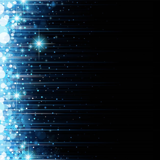 Fondo mágico de Navidad azul con copos de nieve y estrellas brillantes