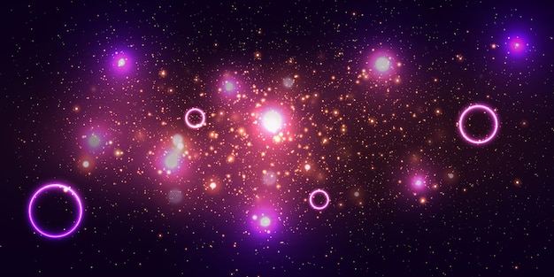 Un fondo mágico púrpura una brillante explosión de elementos cósmicos un resplandor de estrellas y un destello de partículas