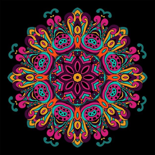 Fondo de mandala geométrico étnico tribal vintage festivo abstracto. Adorno redondo tapete en negro