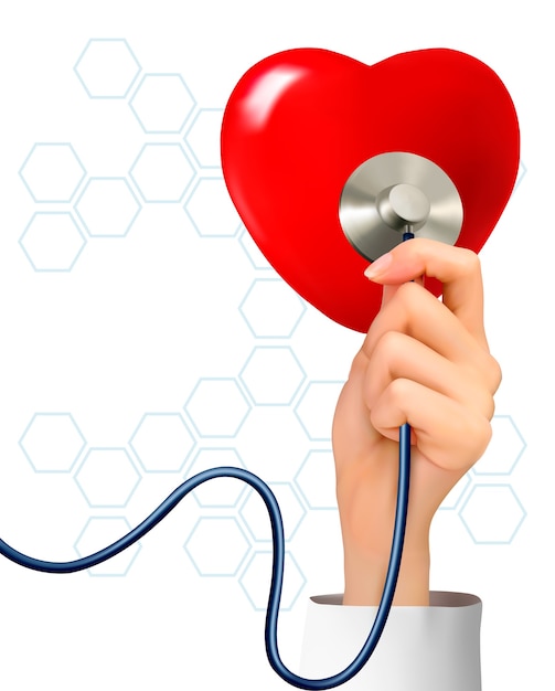 Vector fondo con mano sosteniendo un estetoscopio contra un corazón.