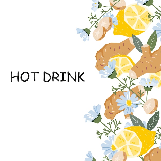 Fondo con manzanilla de jengibre y limón para té de hierbas y etiqueta de bebidas