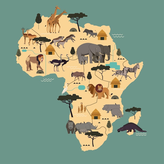 Fondo de mapa de África vectorial con animales salvajes