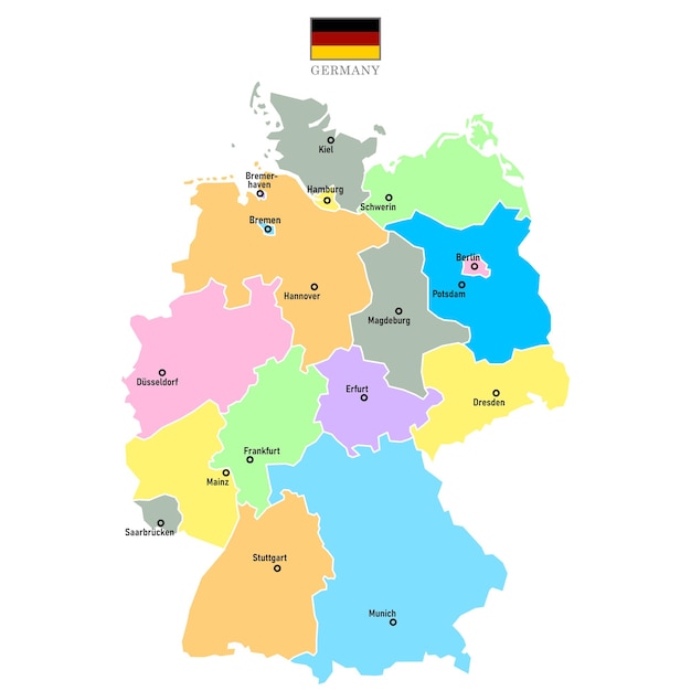 Fondo de mapas de Alemania con nombres de regiones y ciudades en bandera de color Mapa de Alemania aislado