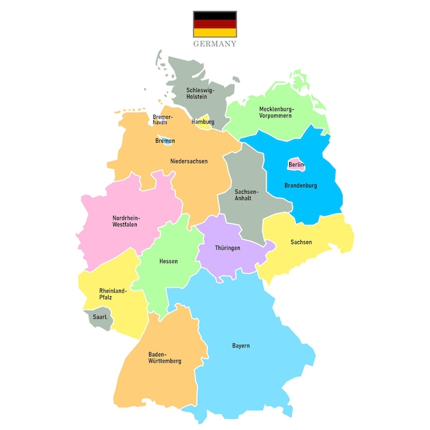 Vector fondo de mapas de alemania con nombres de regiones y ciudades en bandera de color mapa de alemania aislado