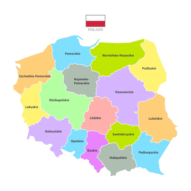 Fondo de mapas de Polonia con nombres de regiones y ciudades en bandera de color