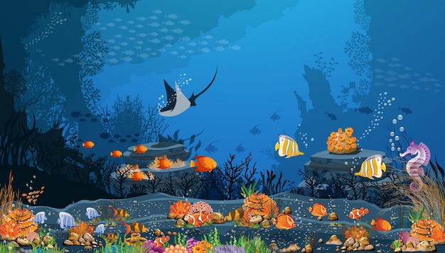 Vector fondo del mar oscuro con peces y arrecifes de coral en la arena negra.