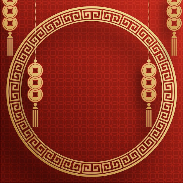 Fondo de marco chino color rojo y dorado con elementos asiáticos