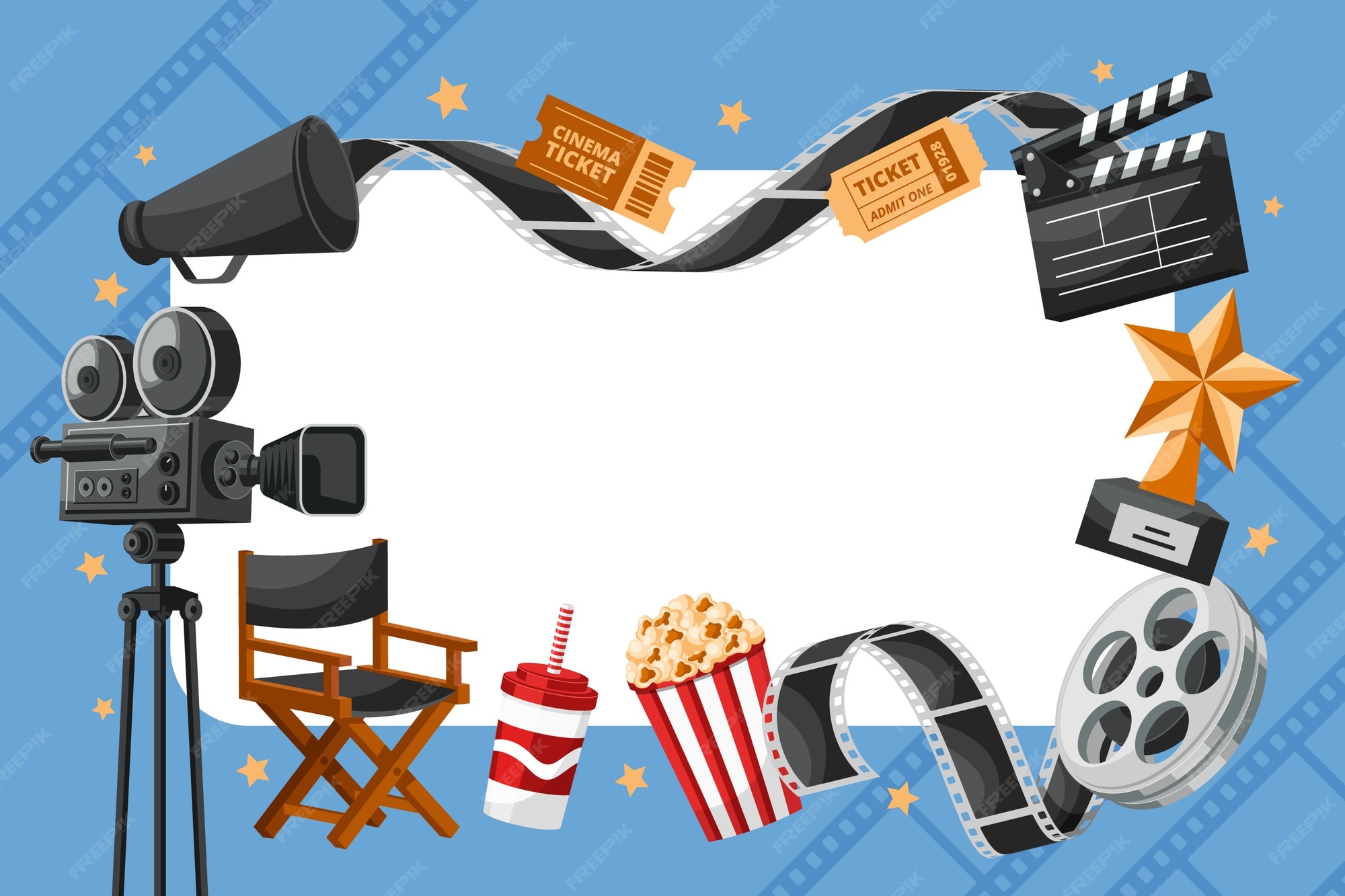 Fondo de marco de cine plano dibujado a mano con elementos de película Vector Premium