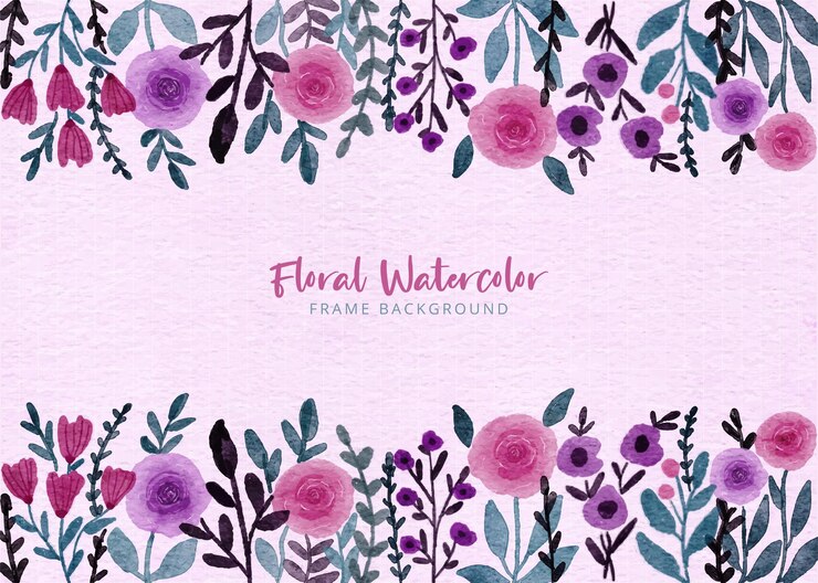 Fondo de marco de jardín de flores púrpura y rosa pintado a mano acuarela