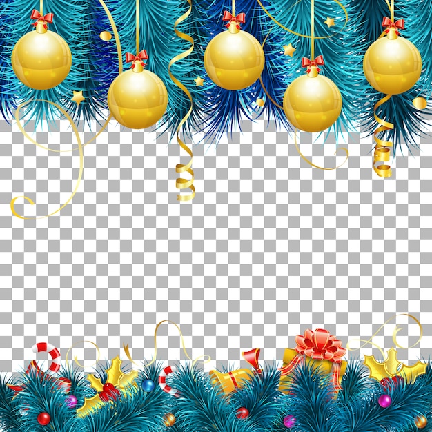 Fondo de marco de Navidad y año nuevo con adornos, ramas de abeto, serpentina de oro, dulces, regalos y confeti.