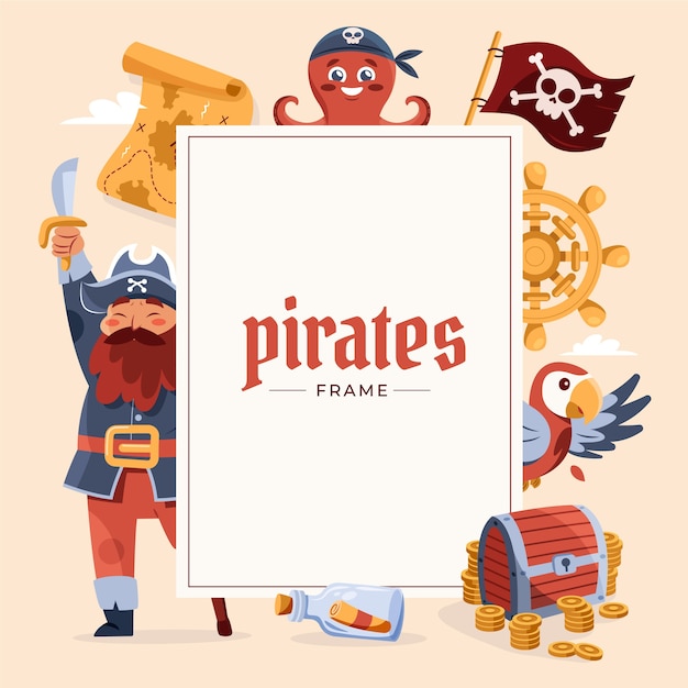 Vector el fondo del marco de piratas planos dibujado a mano con cofre de monedas.