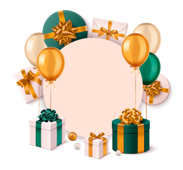 Vector fondo de marco redondo realista para regalos con cajas de regalos y globos