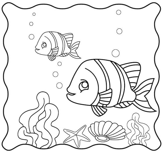 Fondo marino Libro para colorear o página para colorear para niños Clipart de ilustración vectorial de peces