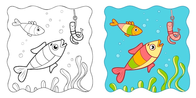 Fondo marino libro para colorear o página para colorear para niños clipart vectorial de peces