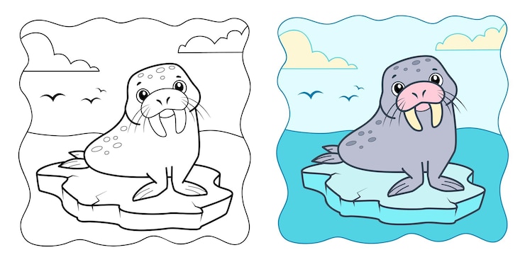 Vector fondo marino libro para colorear o página para colorear para niños imágenes prediseñadas de vector de morsa