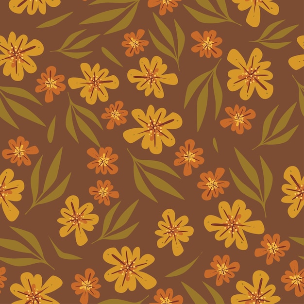 un fondo marrón con flores y hojas amarillas