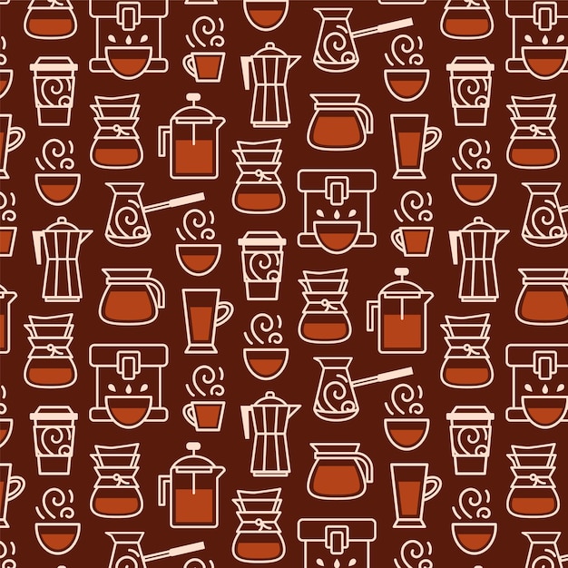 Vector un fondo marrón con un patrón de tazas y tazas con las palabras café y una taza.