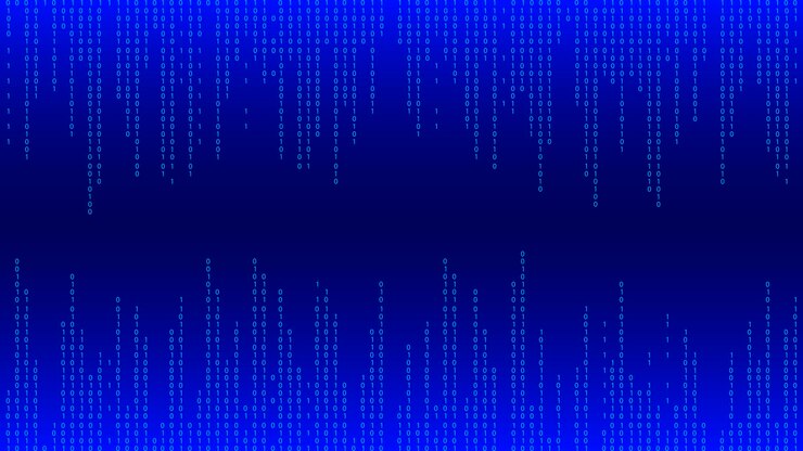Vector fondo de matriz azul números que caen en la pantalla tecnología flujo código binario ilustración vectorial digital concepto de piratería