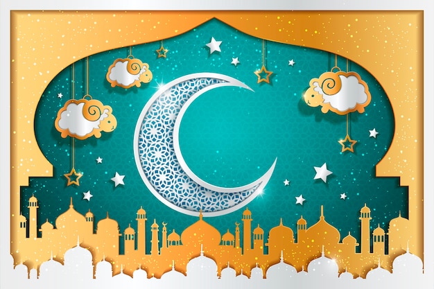 Fondo con media luna tallada y ovejas colgando del cielo, decoraciones de cúpula de cebolla de mezquita en color turquesa y dorado