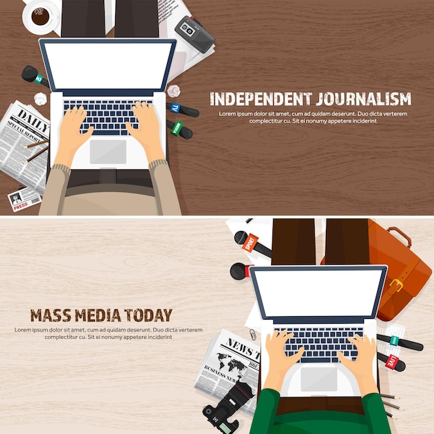 Fondo de los medios de comunicación en una conferencia de prensa de estilo plano con corresponsal y reportero de transmisión