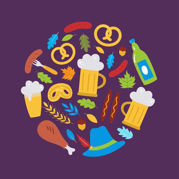 Fondo del menú oktoberfest con cerveza, salchicha, pretzel, hojas de trigo, sombrero, bandera alemana