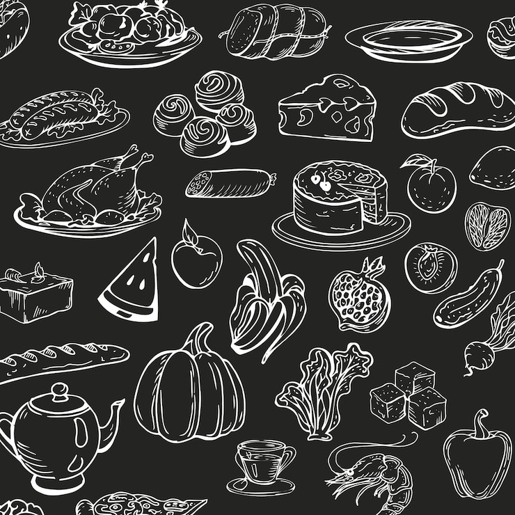Vector fondo de mercado de agricultores con iconos de línea frutas verduras huevos carne y pescado vector