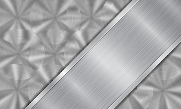 Fondo de metal abstracto en colores plateados que consta de una superficie metálica con textura cepillada circular y placa de metal pulido con bordes brillantes