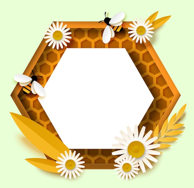 Fondo de miel con abejas de panal de forma hexagonal y flores de margarita