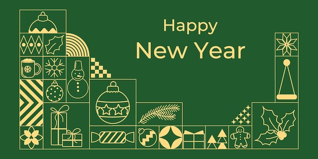 Fondo minimalista geométrico horizontal con Navidad y Año Nuevo en estilo lineal