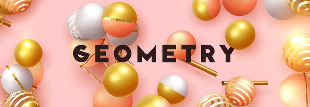 Fondo mínimo abstracto. Objetos 3d forma bola de oro y plata, esferas redondas volumétricas blancas y rosas. Elementos geométricos realistas vectoriales