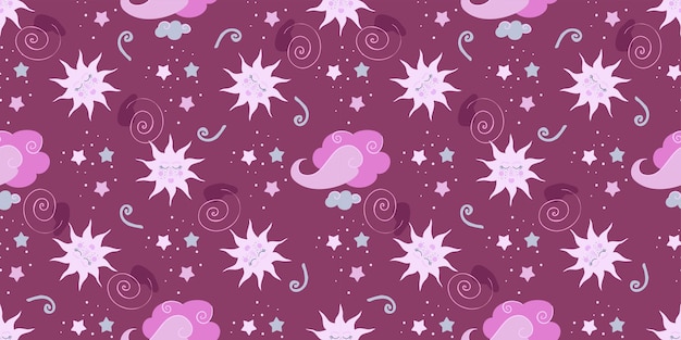 Fondo místico con sol y nubes. Astrología mágica y el cielo estrellado. Ilustración de vector de textiles para bebés. Patrones sin fisuras para niños.