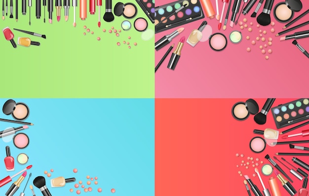 Fondo de moda de cosméticos con conjunto de herramientas de artista de maquillaje
