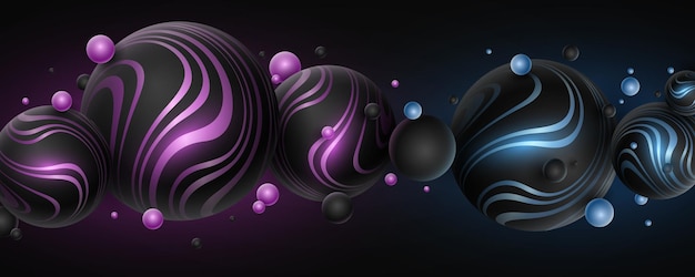 Fondo de moda futurista con esferas 3d dinámicas brillantes texturizadas con patrón de rayas Burbujas voladoras abstractas sobre fondo negro Diseño de cubierta moderna Ilustración vectorial