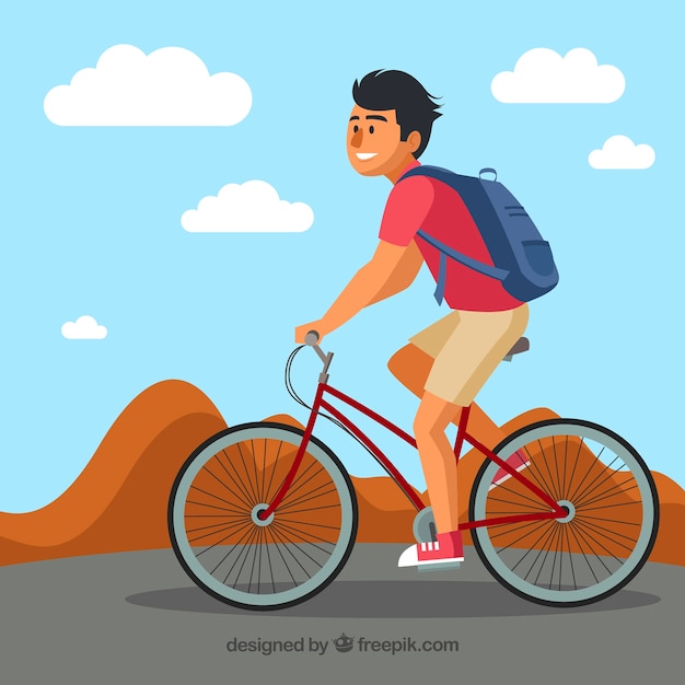 Vector fondo moderno con hombre sonriente en bicicleta