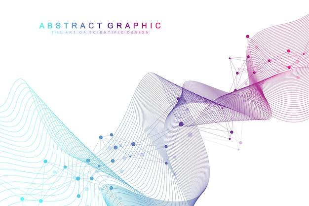 Fondo de moléculas de colores. Hélice de ADN, hebra de ADN, prueba de ADN. Molécula o átomo, neuronas. Estructura abstracta para ciencia o antecedentes médicos, banner. Ilustración de vector molecular científico.