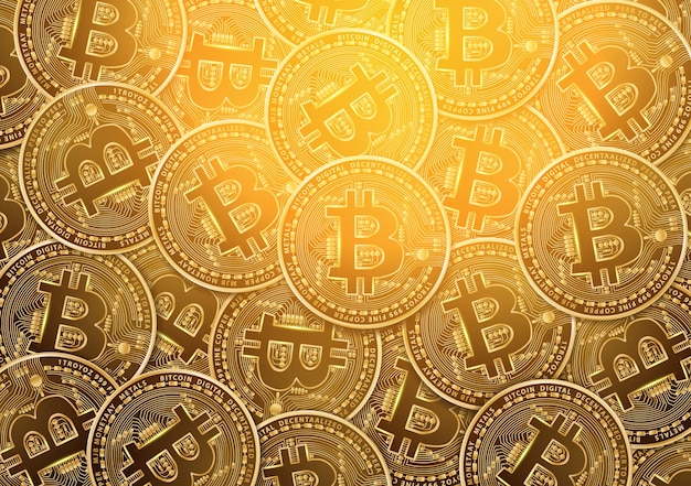 Vector fondo de monedas de oro de moneda digital de bitcoin