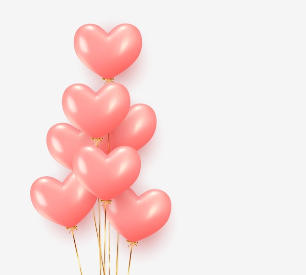 Fondo con un montón de globos en forma de corazón. Globo 3d de diseño de celebración realista. Decoración festiva para bodas, cumpleaños y aniversario. ilustración vectorial