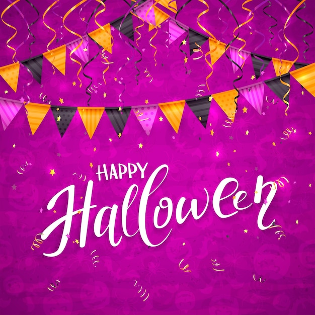 Fondo morado de Halloween con banderines y serpentinas