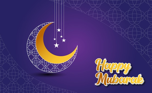 Vector un fondo morado con una luna y las palabras feliz mubarak.