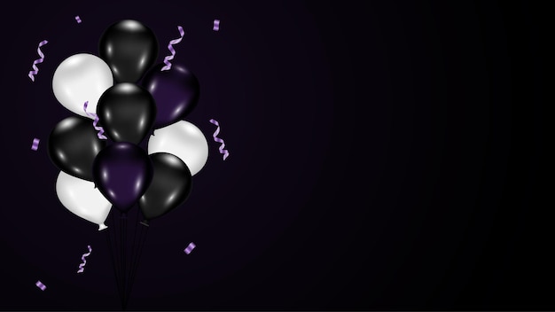 Fondo morado oscuro con globos y serpentina.