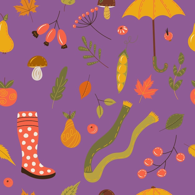 Fondo morado transparente con artículos de otoño