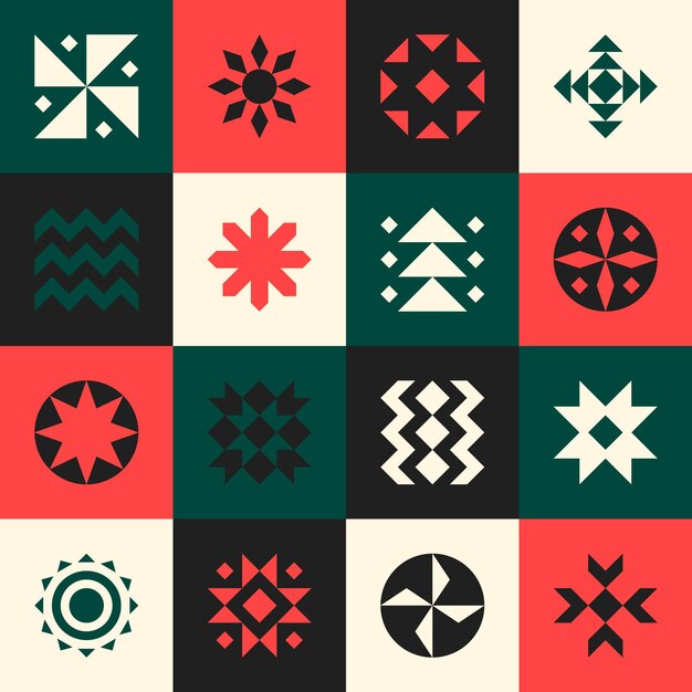 Fondo de mosaico geométrico abstracto navideño con elementos de formas simples navideñas