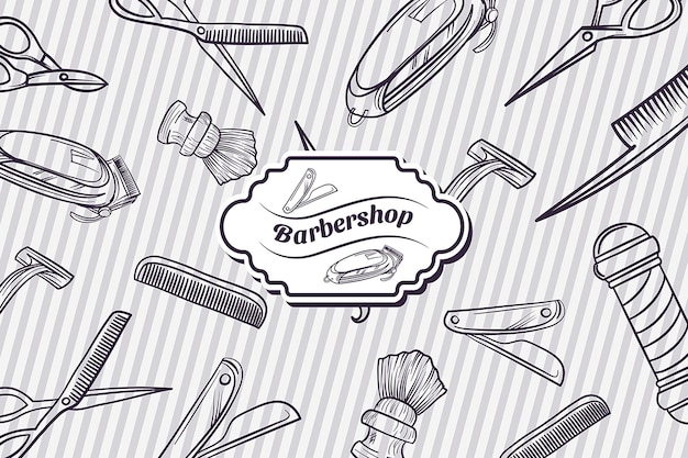 El fondo muestra un conjunto de herramientas de barbero para una barbería.
